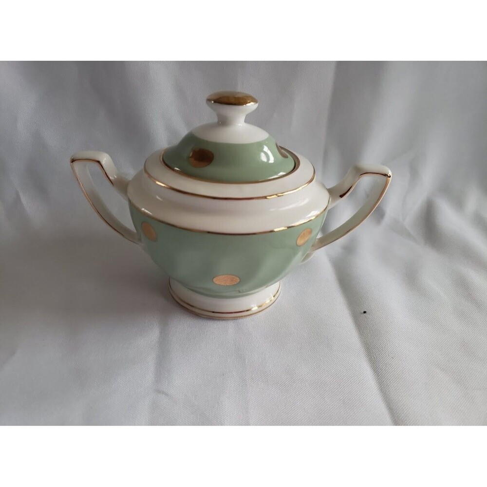CYNTHIA ROWLEY C6Y5 Gray Green Sugar Bowl with Lid - Green with Gold Dots HTF